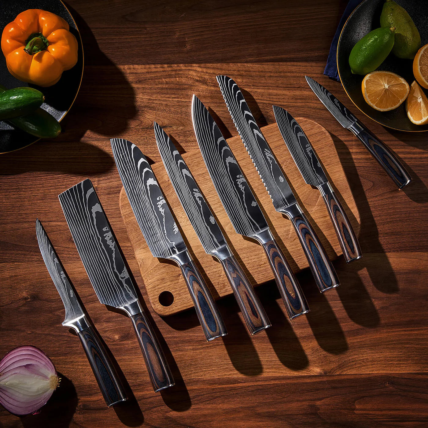 Majesty Series 8-piece laser Damascus knife set by The Epicurean Chef