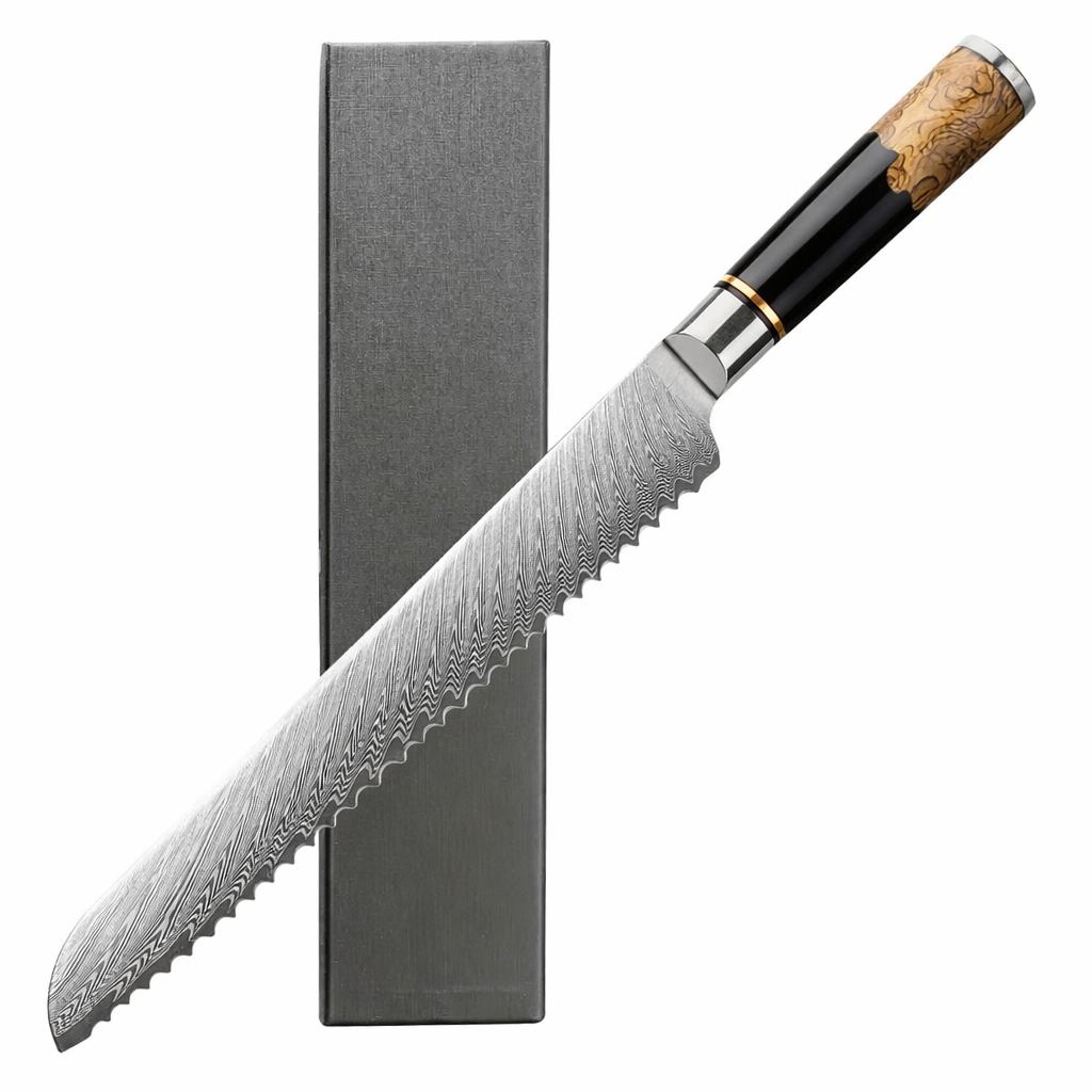 8" Damascus Bread Knife — Black Burl