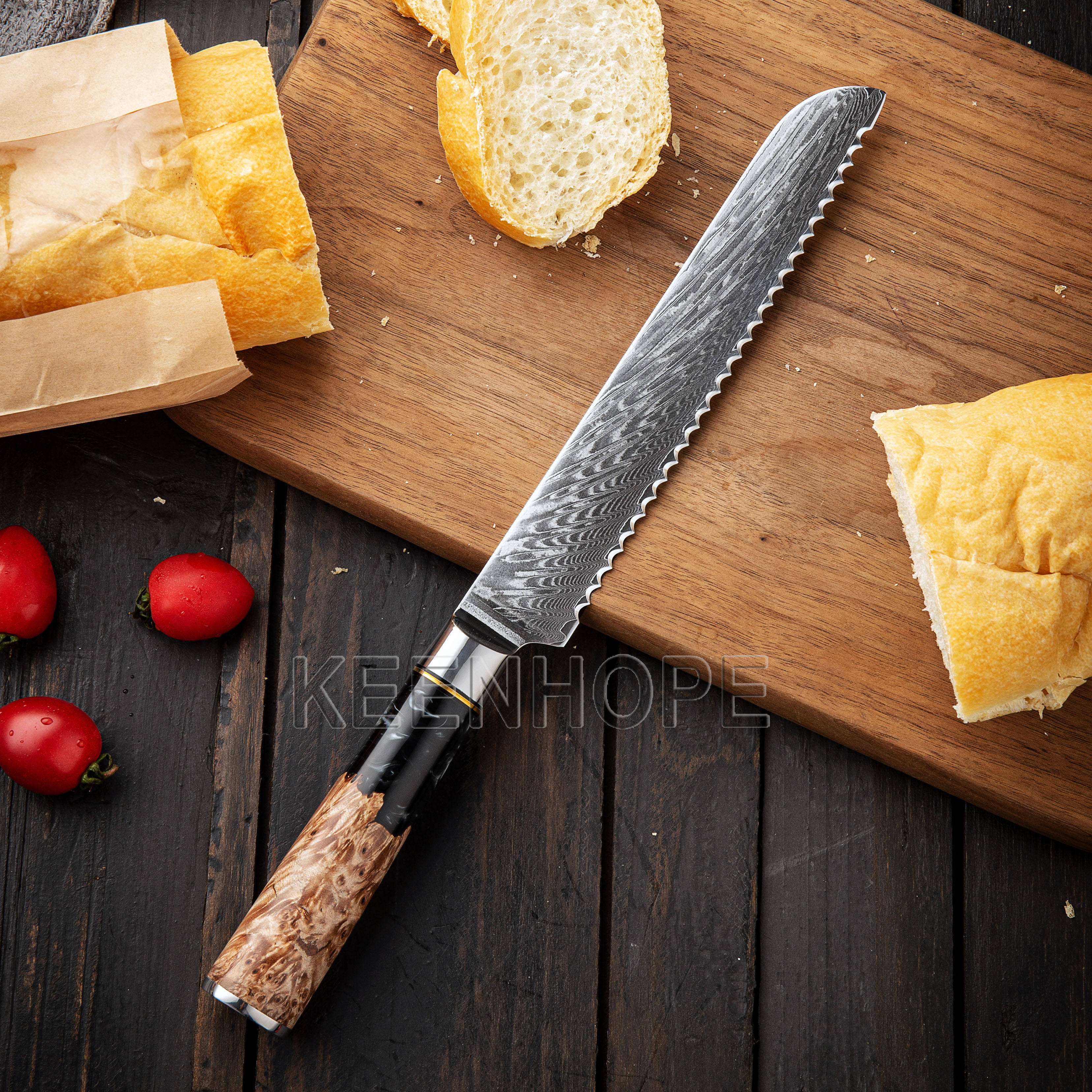 8" Damascus Bread Knife — Blue Burl