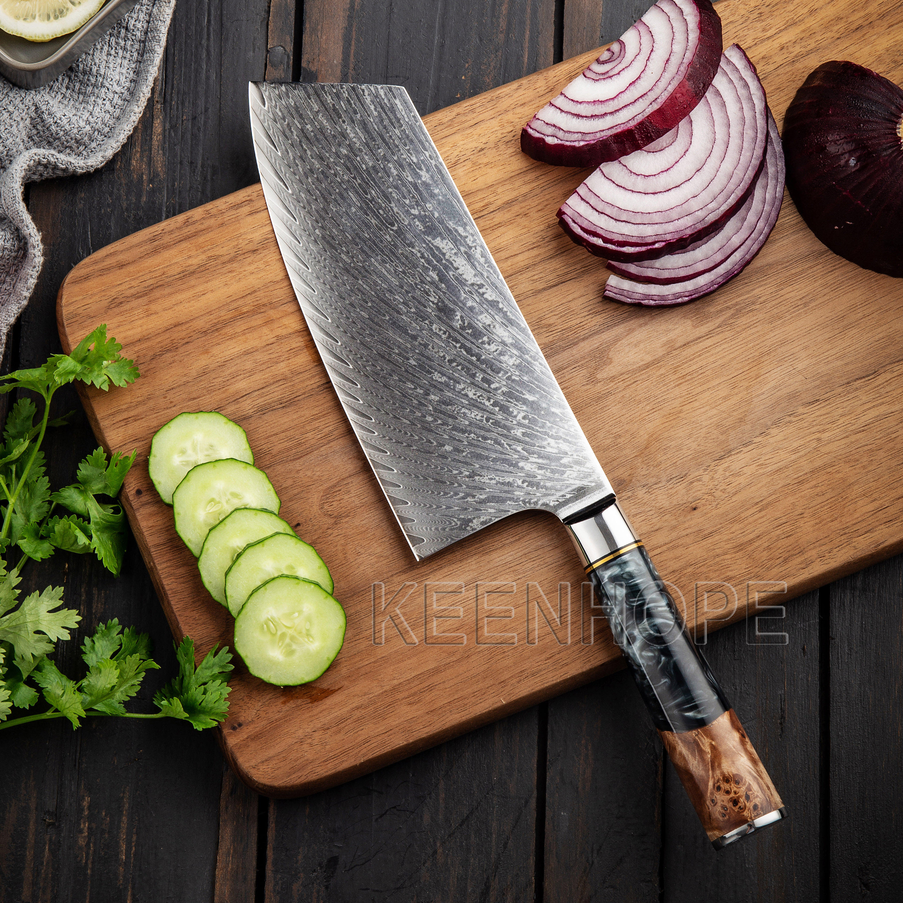 7" Damascus Cleaver — Black Burl
