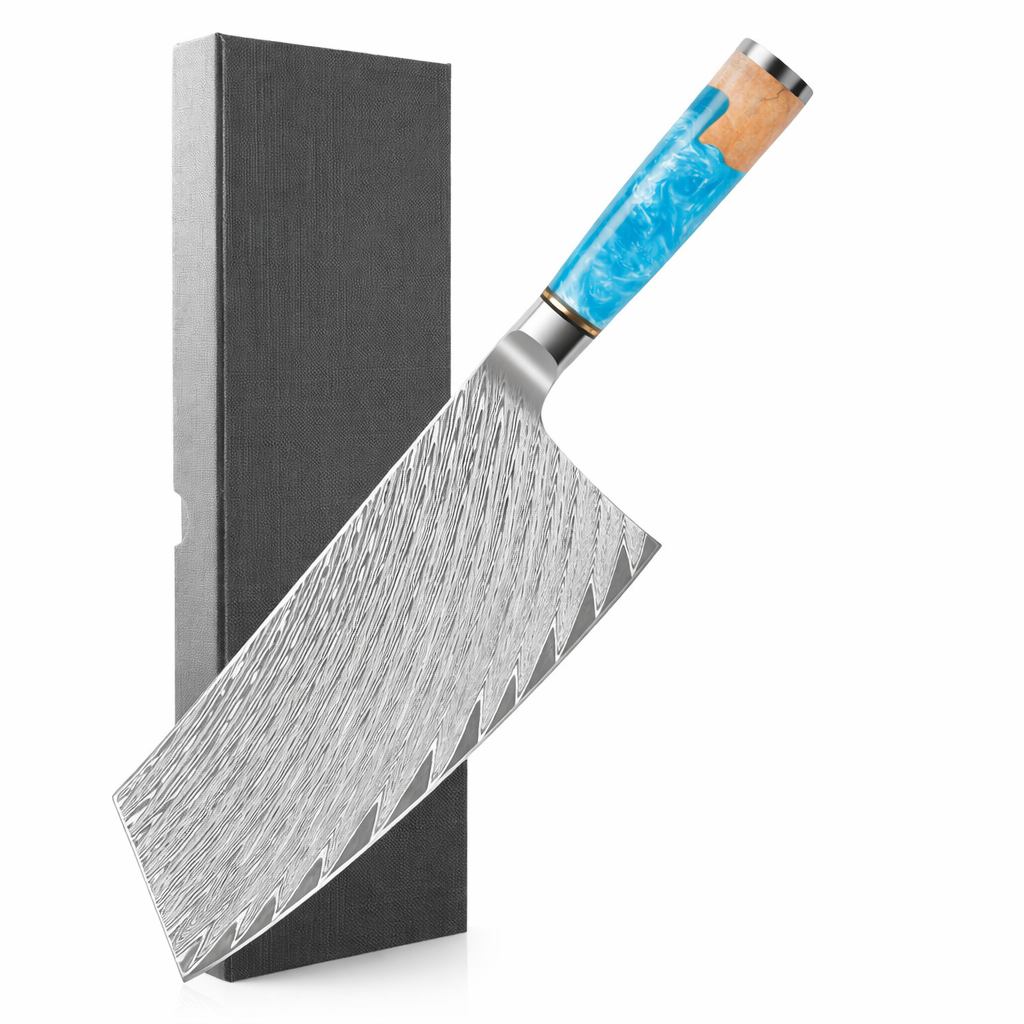 7" Damascus Cleaver — Blue Burl