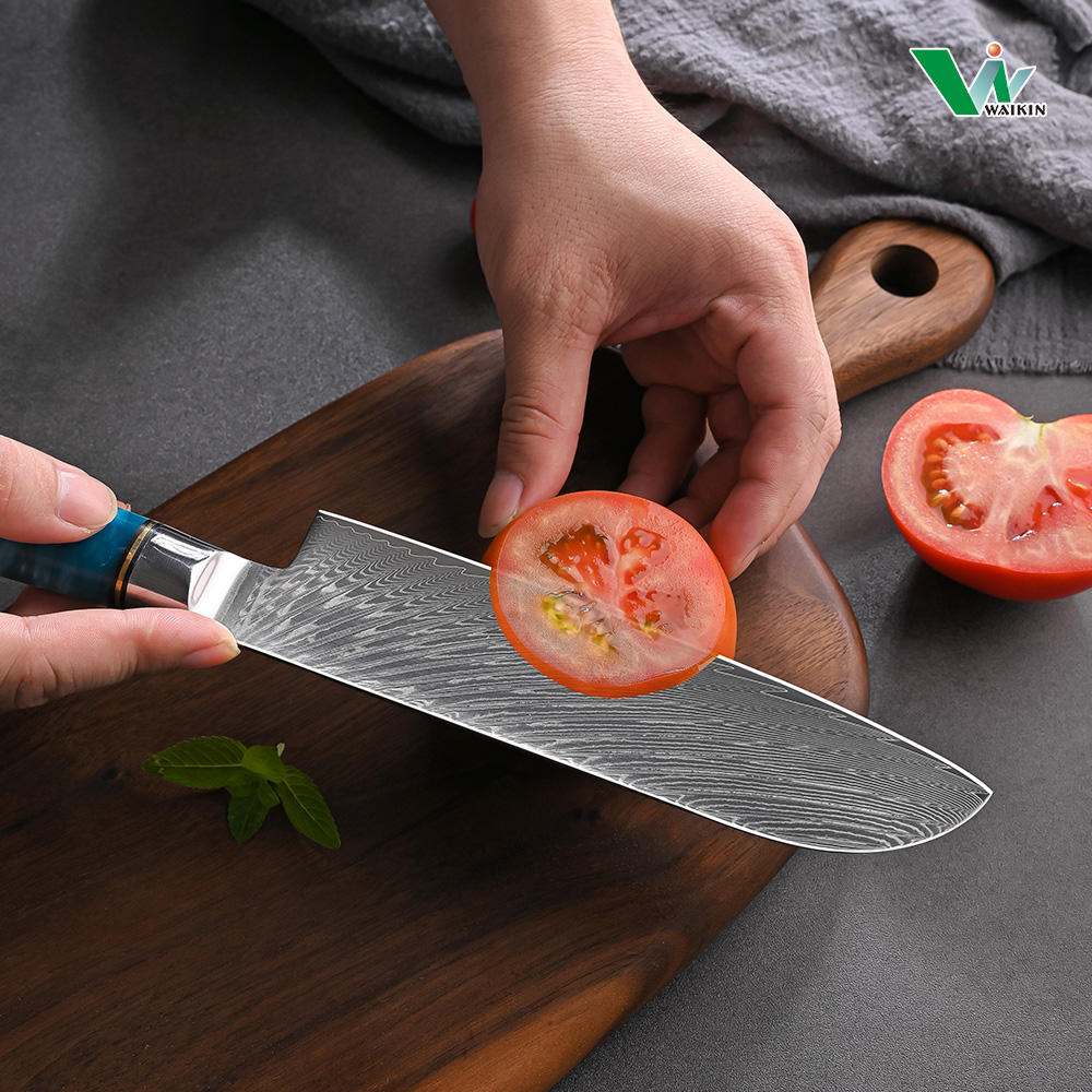 7" Damascus Santoku Knife — Blue Burl