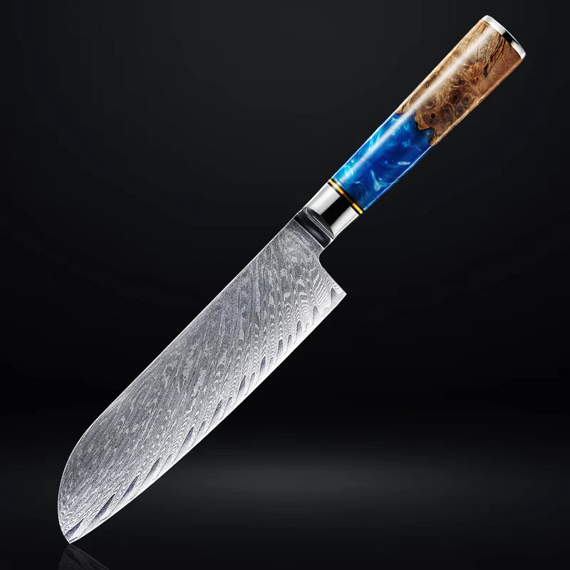 7" Damascus Santoku Knife — Blue Burl