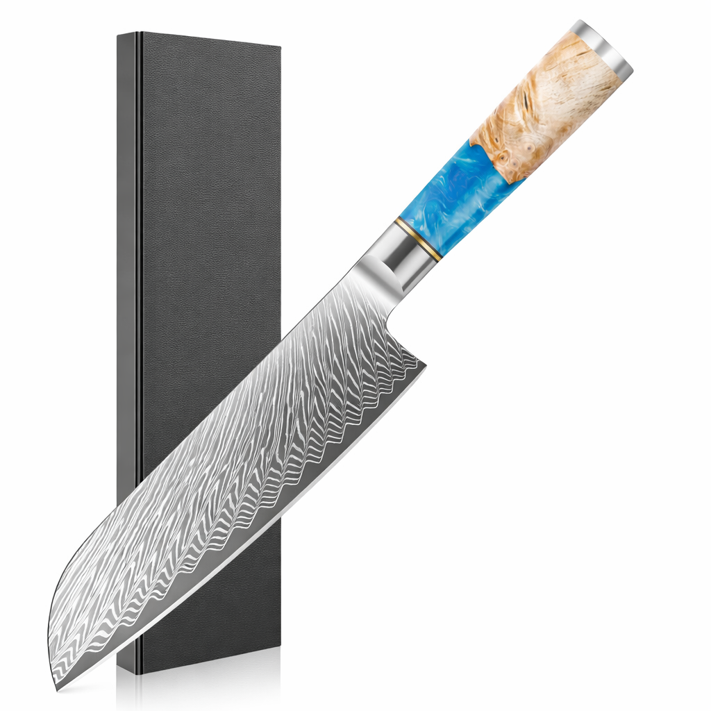 7" Damascus Santoku Knife — Blue Burl
