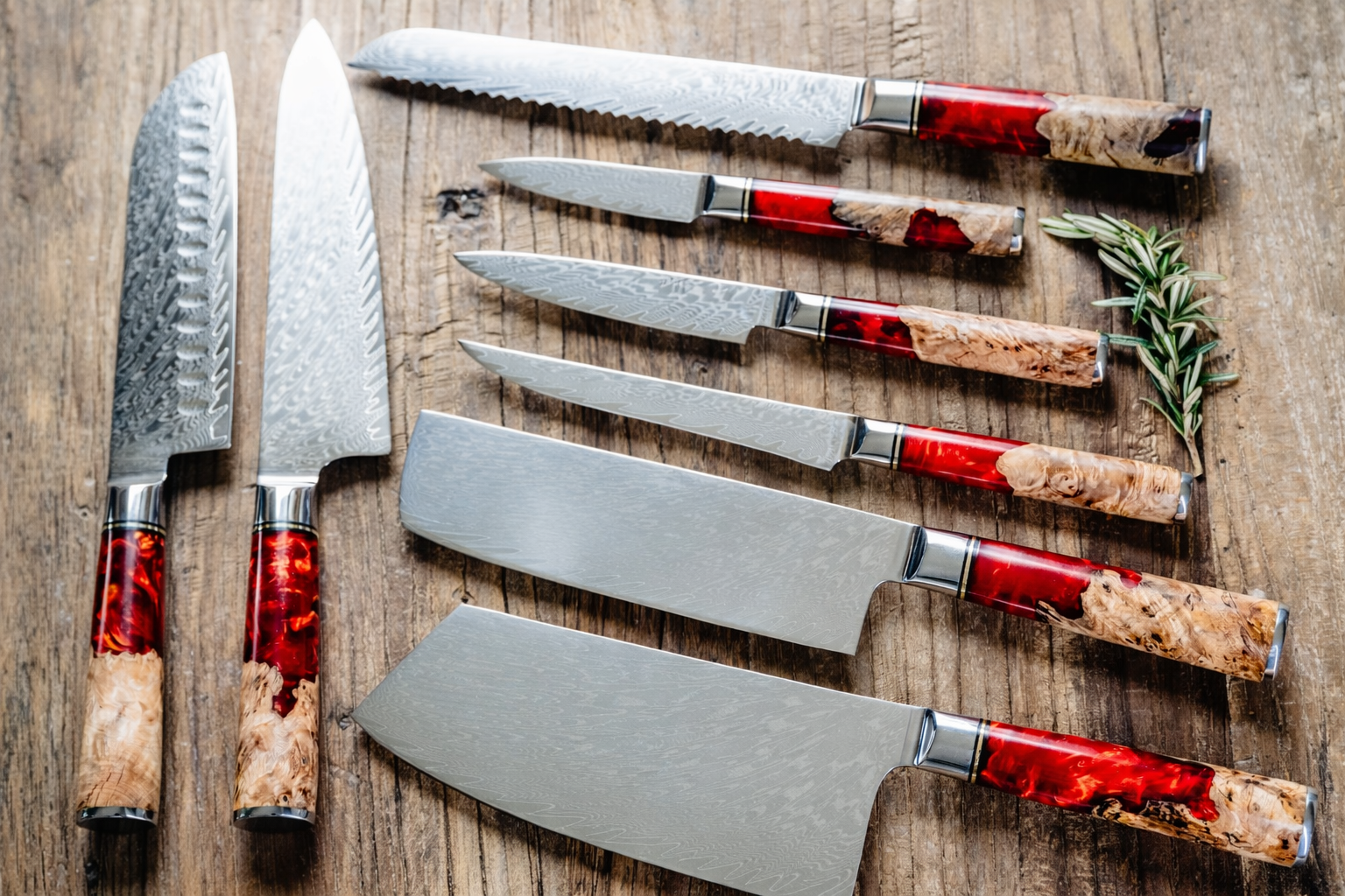 VG10 Damascus kitchen knife set with red burl resin handle — Tidal Series
