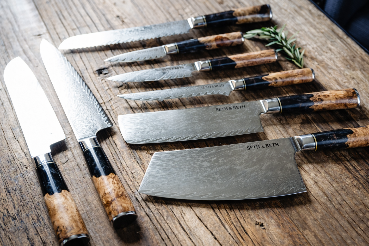 Tidal Series — Personalized Engraved Damascus Knife Set | Black Burl