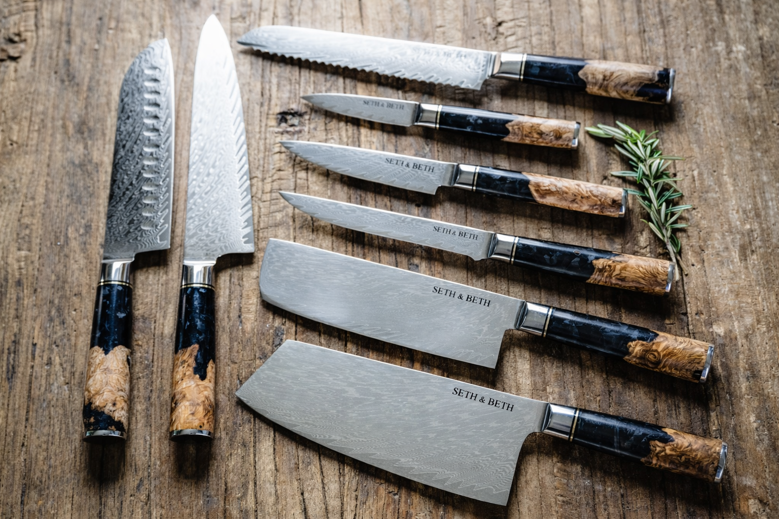Tidal Series — Personalized Engraved Damascus Knife Set | Black Burl