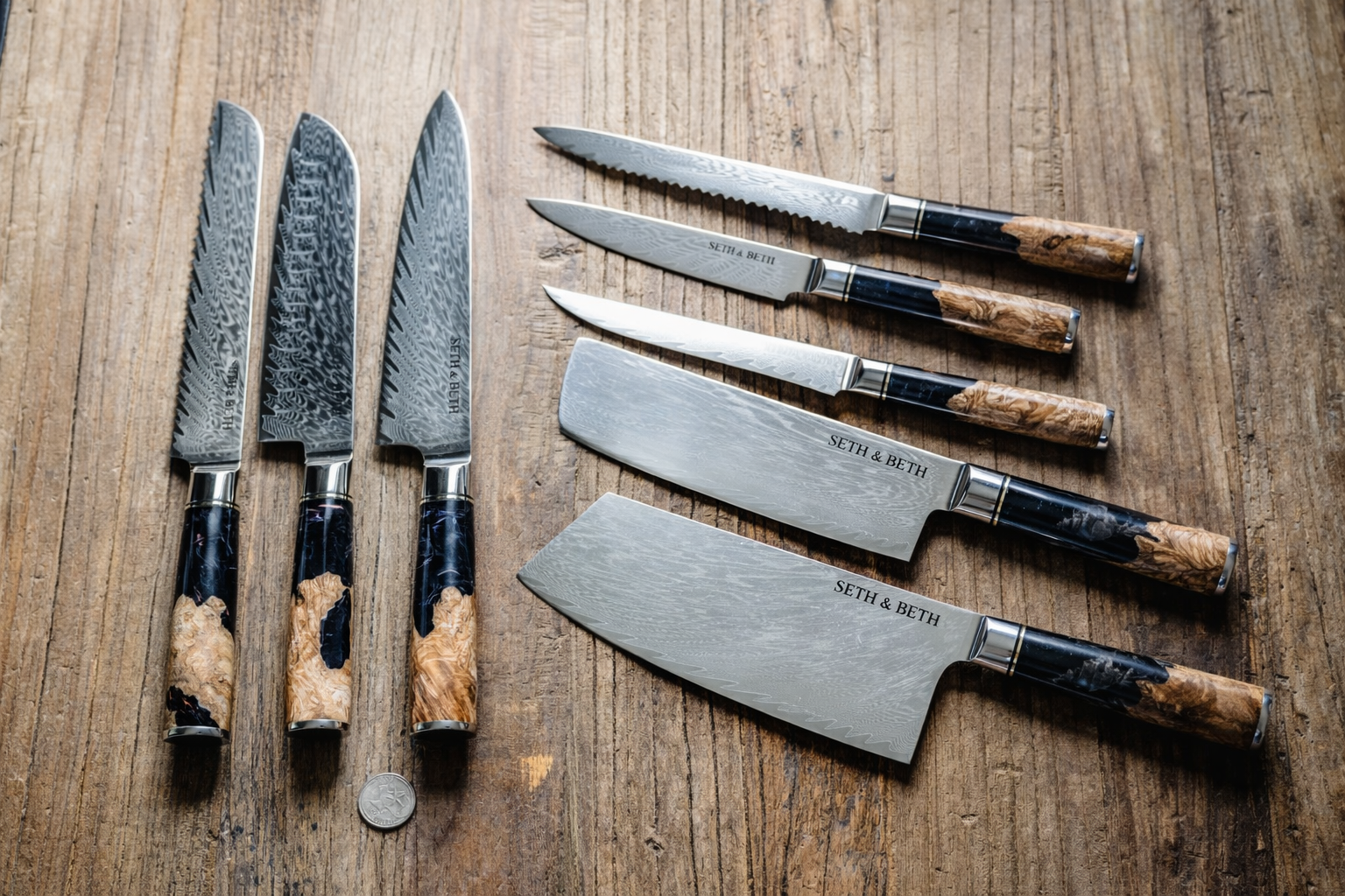 Tidal Series — Personalized Engraved Damascus Knife Set | Black Burl