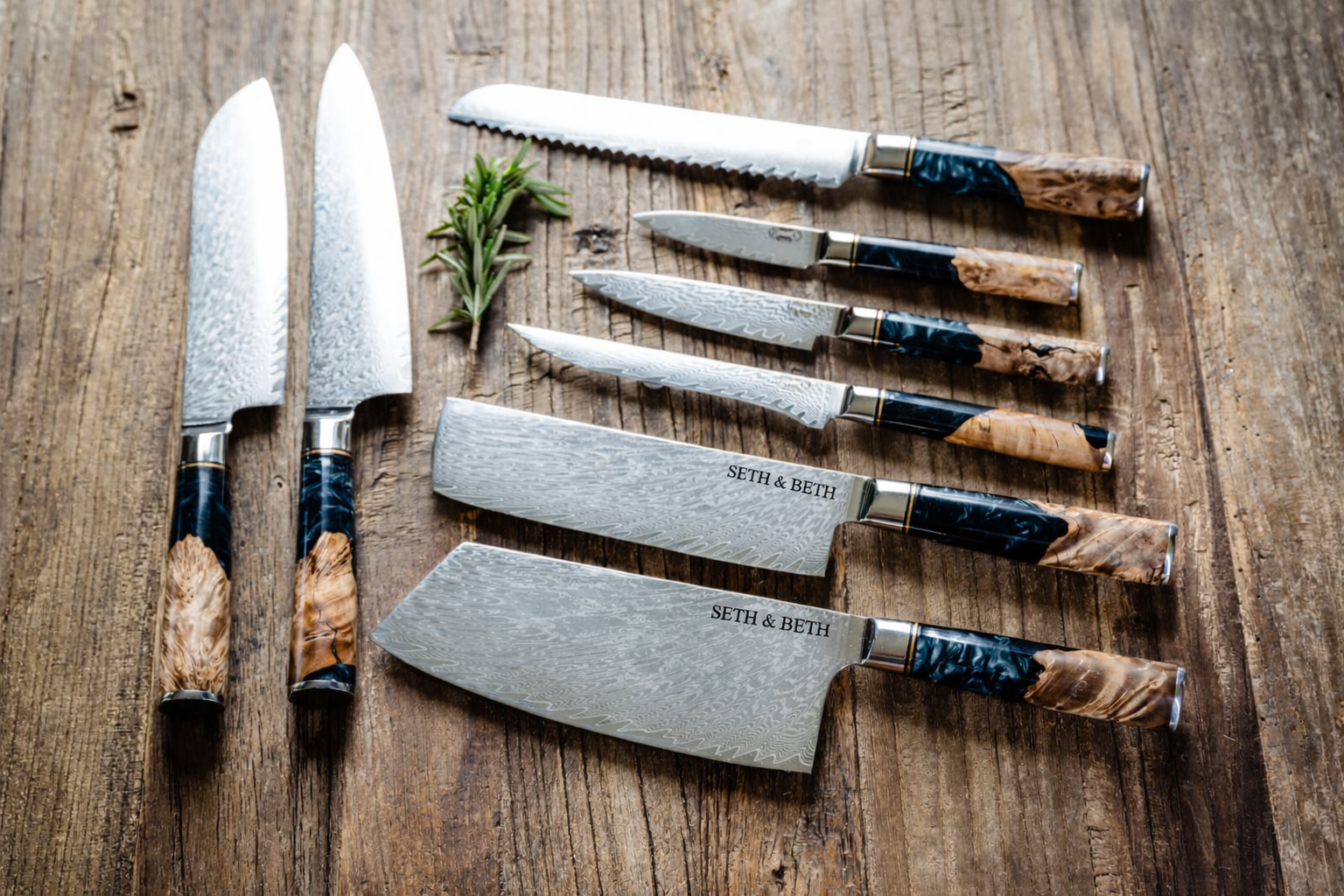 Personalized engraved Damascus knife set with black burl handle — Tidal Series by The Epicurean Chef