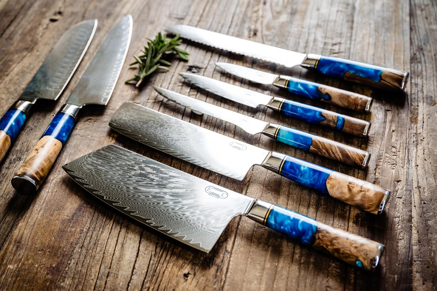 Damascus steel chef knife set with blue burl resin handle — Tidal Collection by The Epicurean Chef