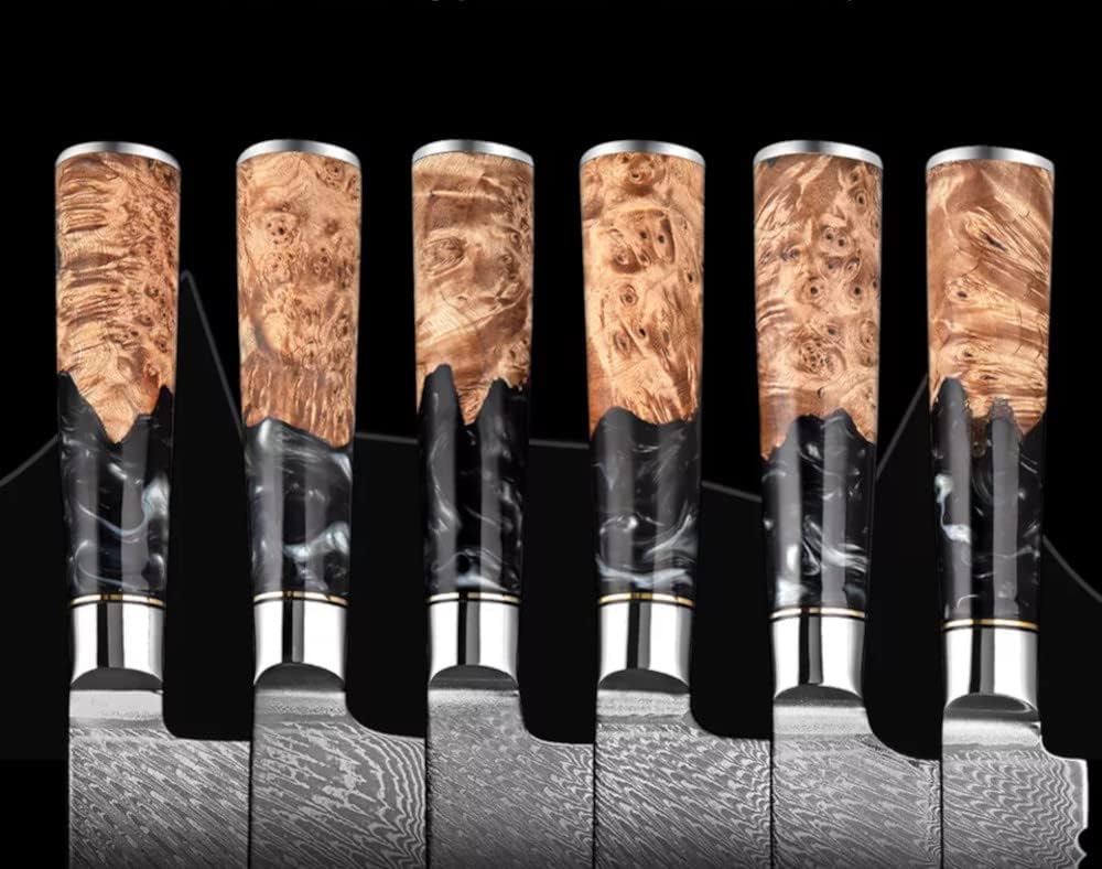 Close-up of black burl resin handle on Tidal Series Damascus chef knife