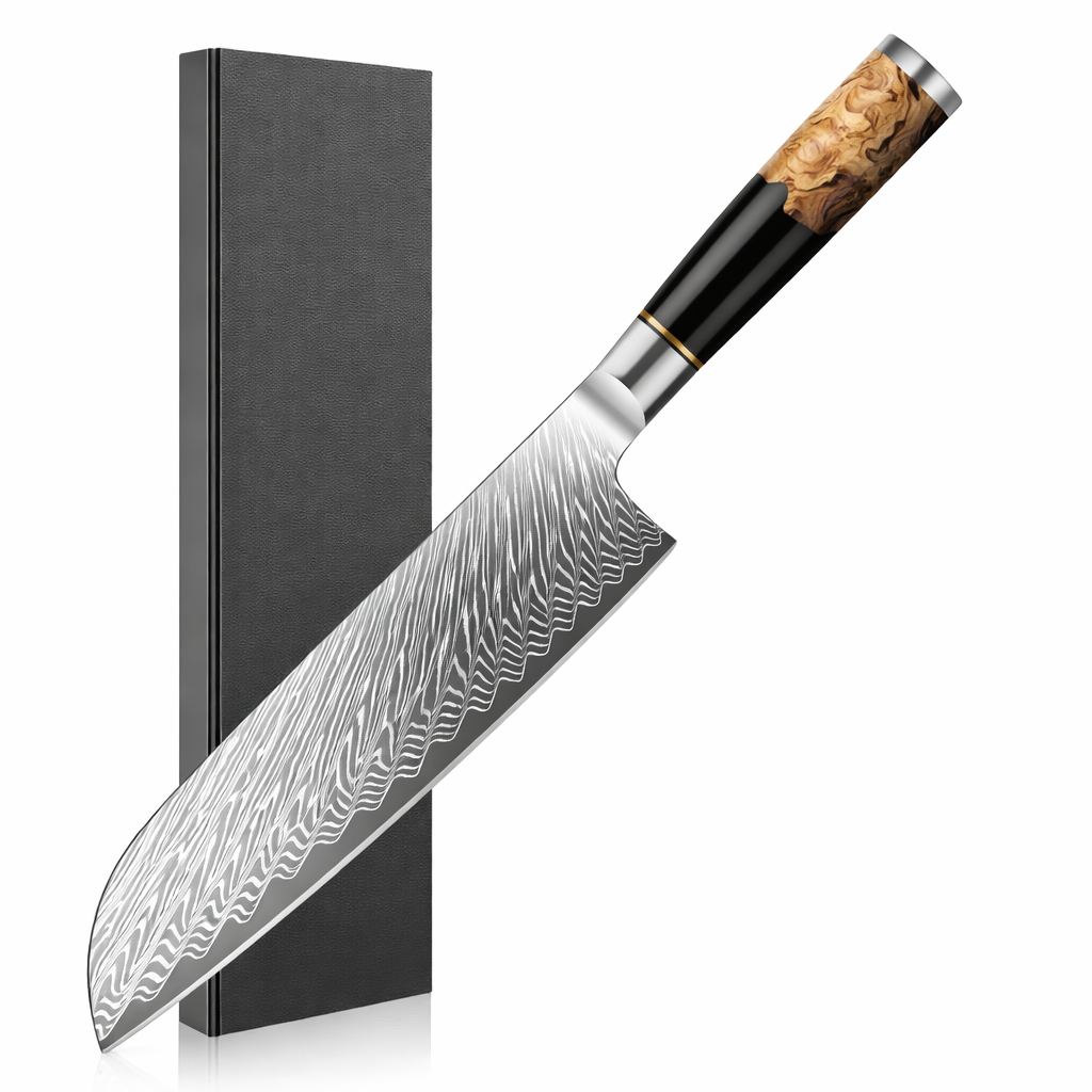 7" Damascus Santoku Knife — Black Burl