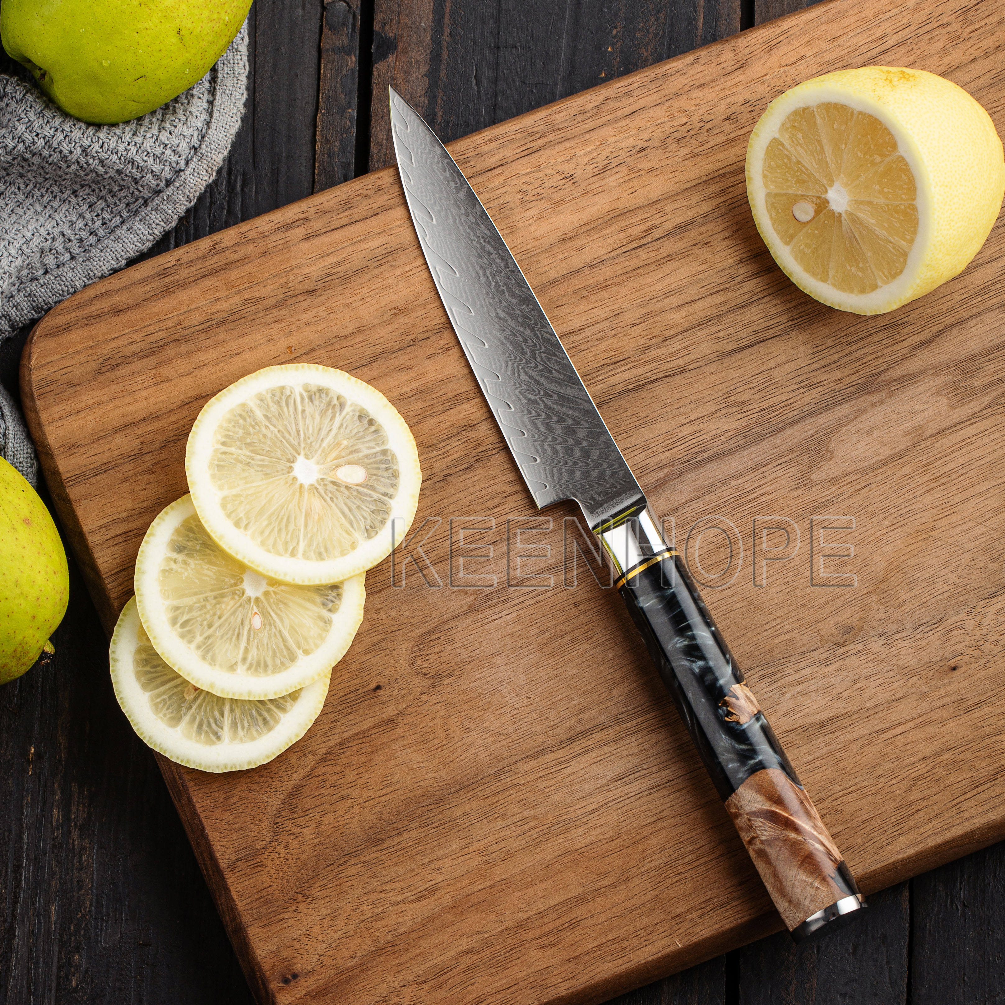 5" Damascus Utility Knife — Black Burl