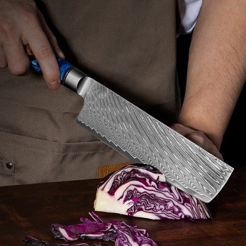 7" Damascus Nakiri Knife — Blue Burl