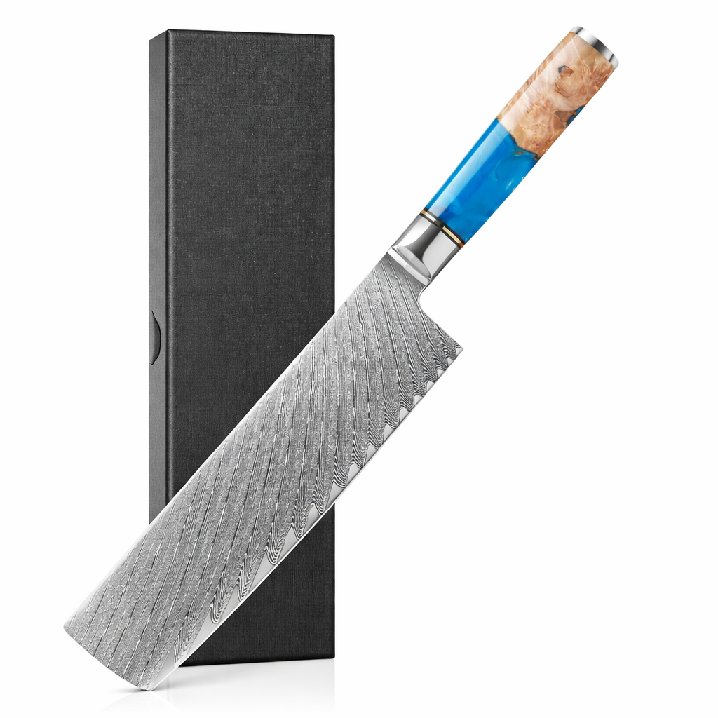 7" Damascus Nakiri Knife — Blue Burl