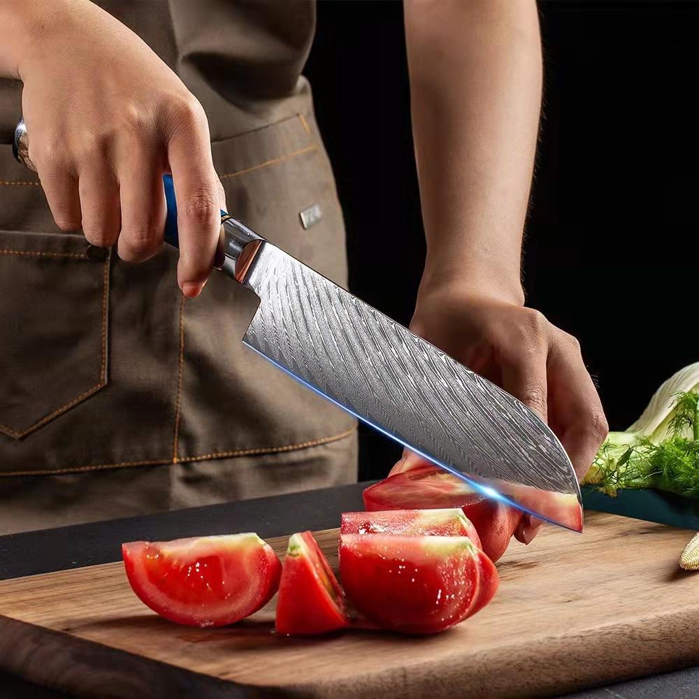7" Damascus Santoku Knife — Blue Burl