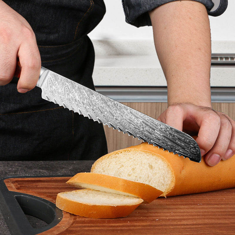 Red burl handle Damascus bread knife from the Tidal Series knife set