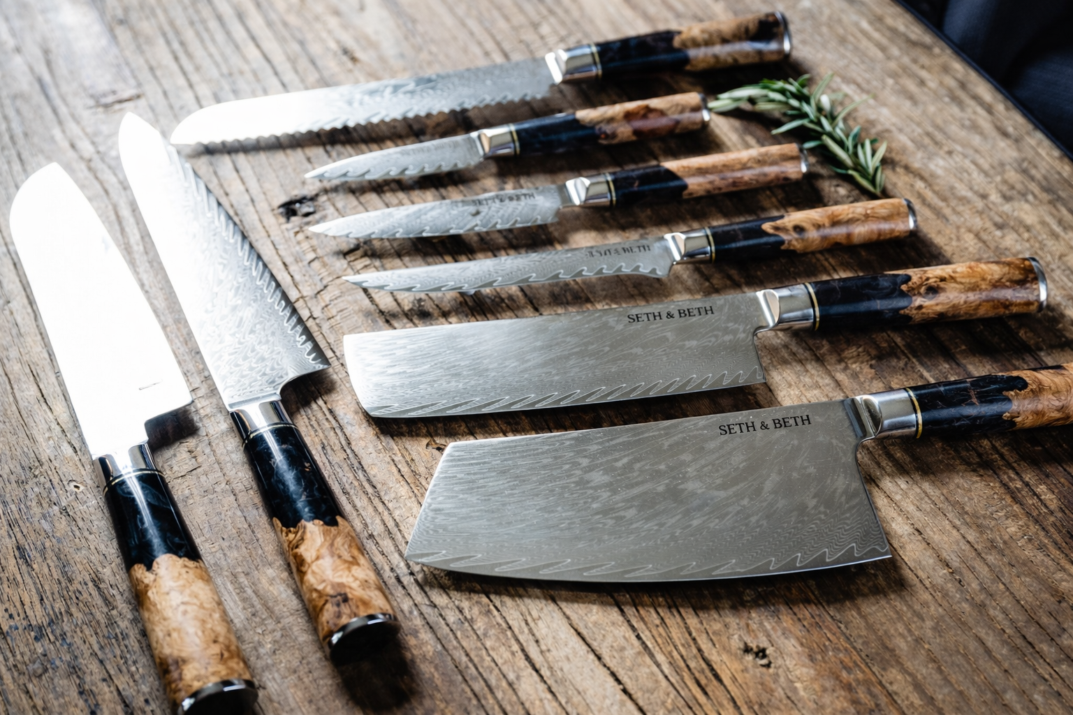 Tidal Series — Personalized Engraved Damascus Knife Set | Black Burl