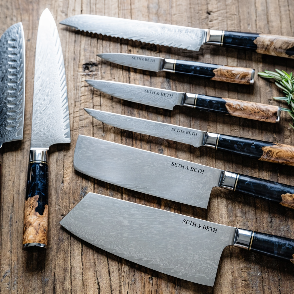 Personalized Damascus knife set with black burl handle engraved with custom text — Tidal Series by The Epicurean Chef