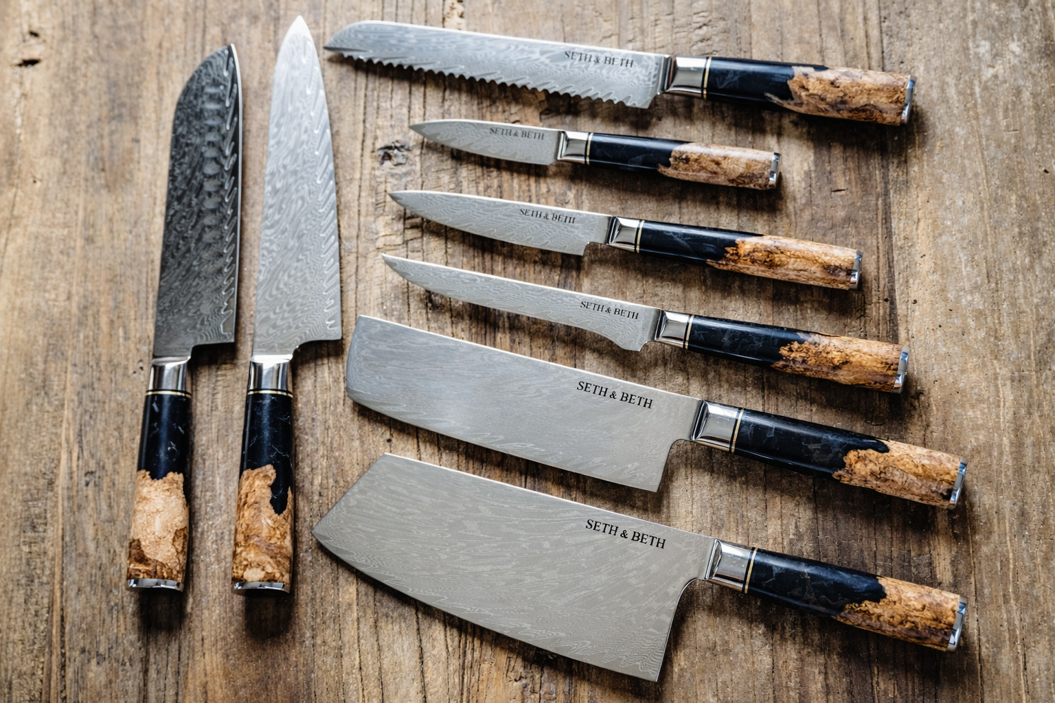 Personalized engraved Damascus knife set with black burl handle — Tidal Series