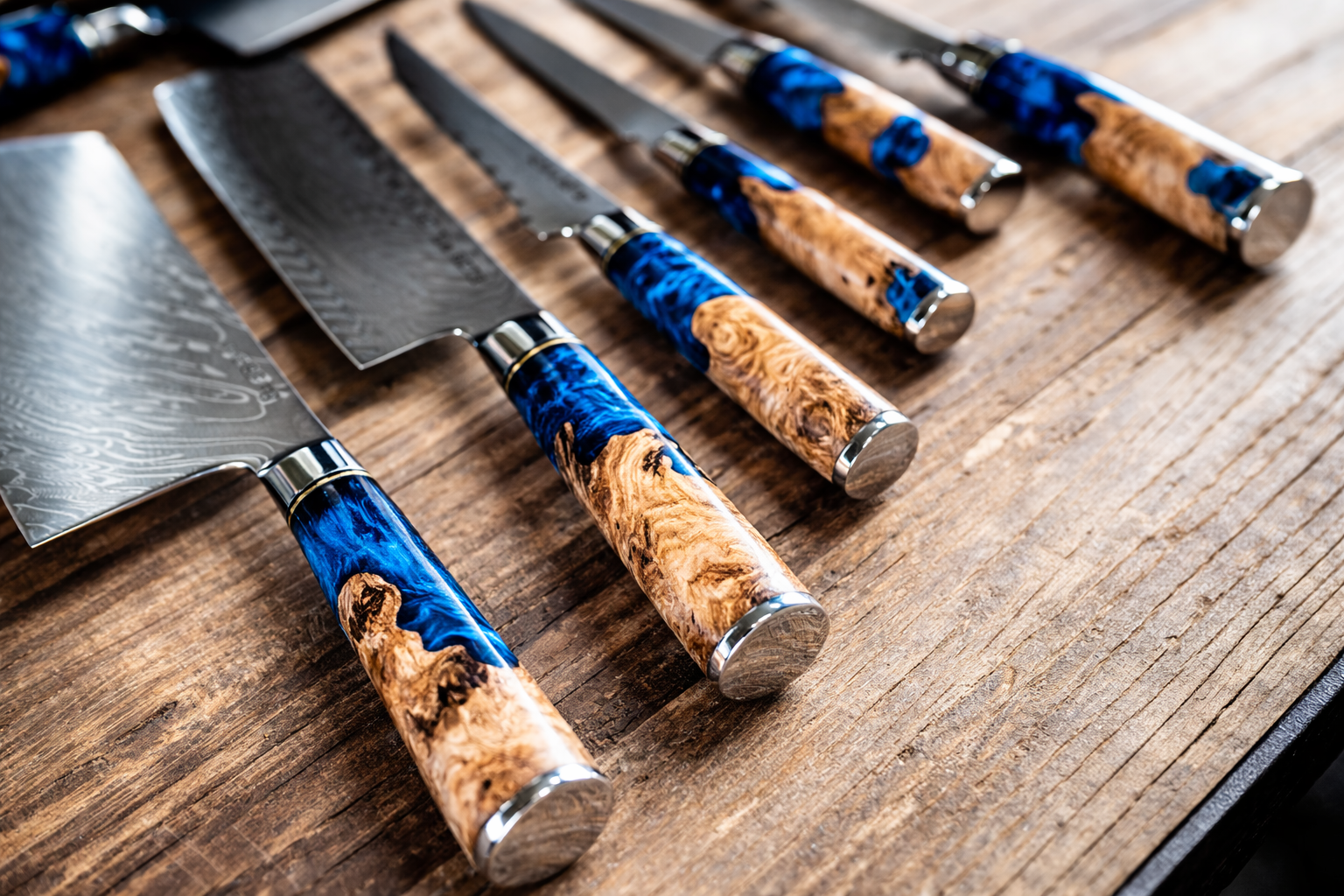 Personalized engraved Damascus knife set with blue burl handle — Tidal Series