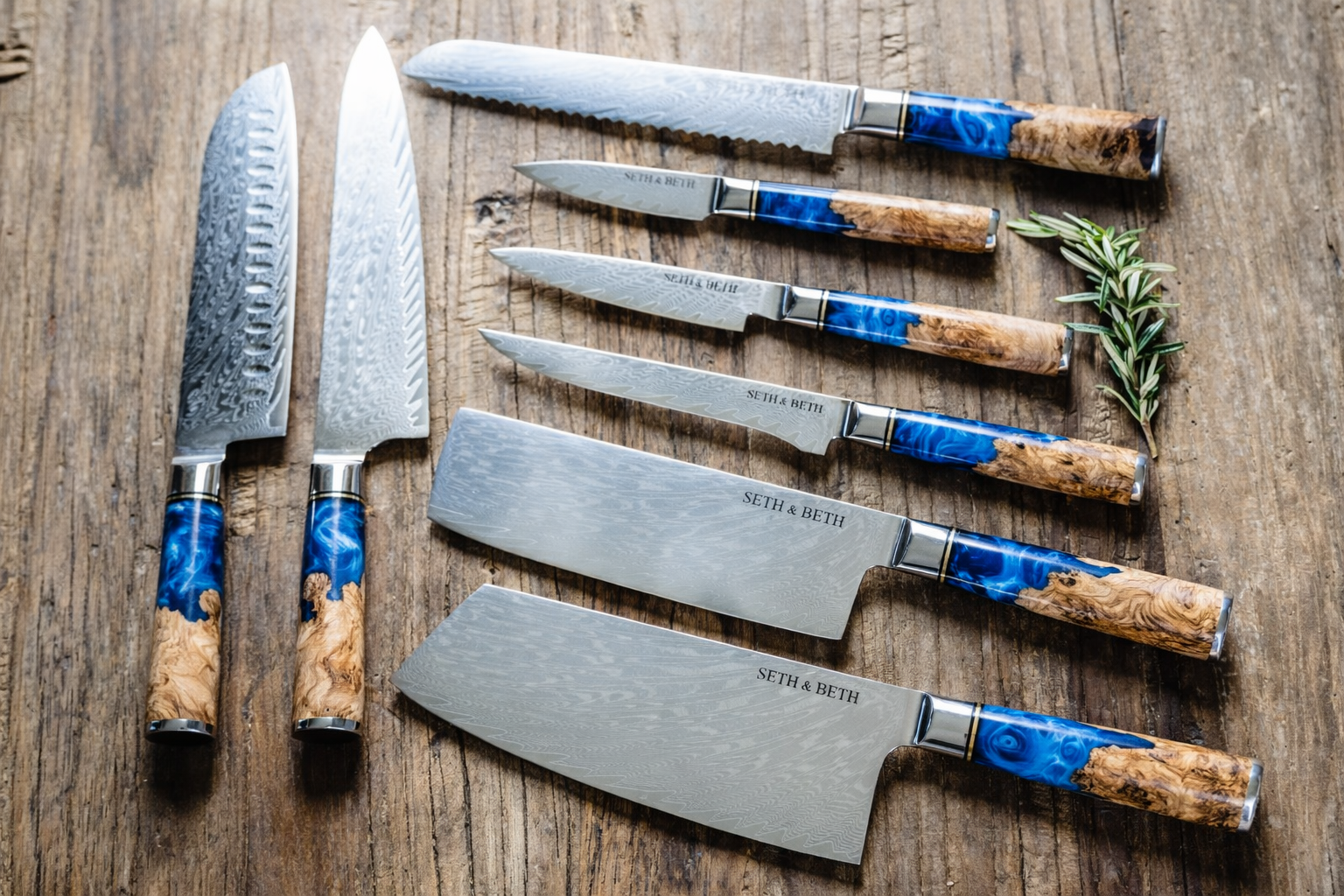 Personalized engraved Damascus knife set with blue burl handle — Tidal Series