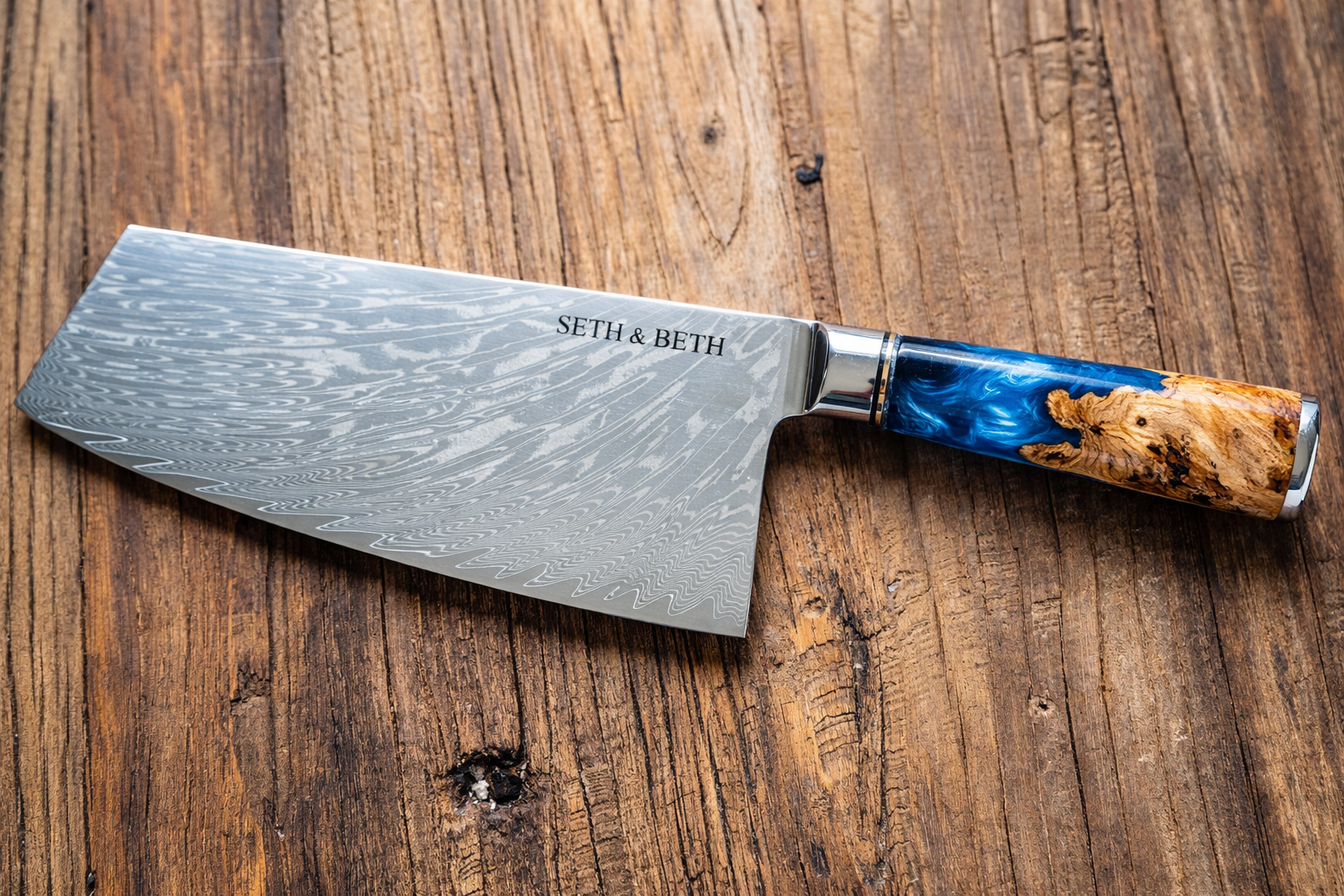 Personalized engraved Damascus knife set with blue burl handle — Tidal Series