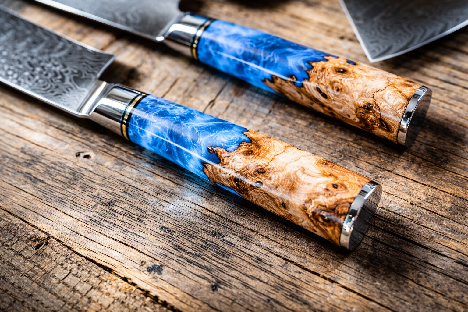 Personalized engraved Damascus knife set with blue burl handle — Tidal Series