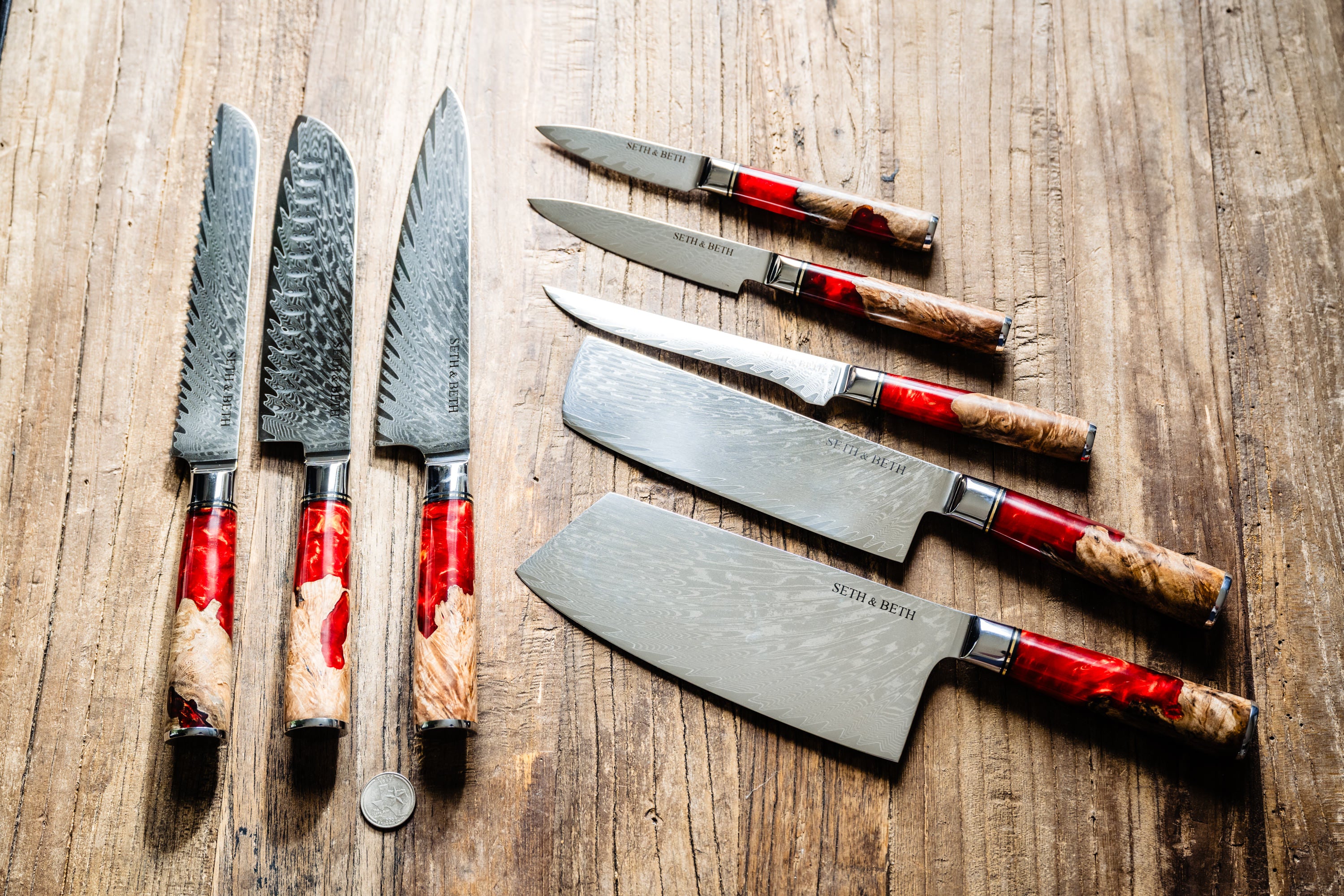 Tidal Series — Personalized Engraved Damascus Knife Set | Red Burl