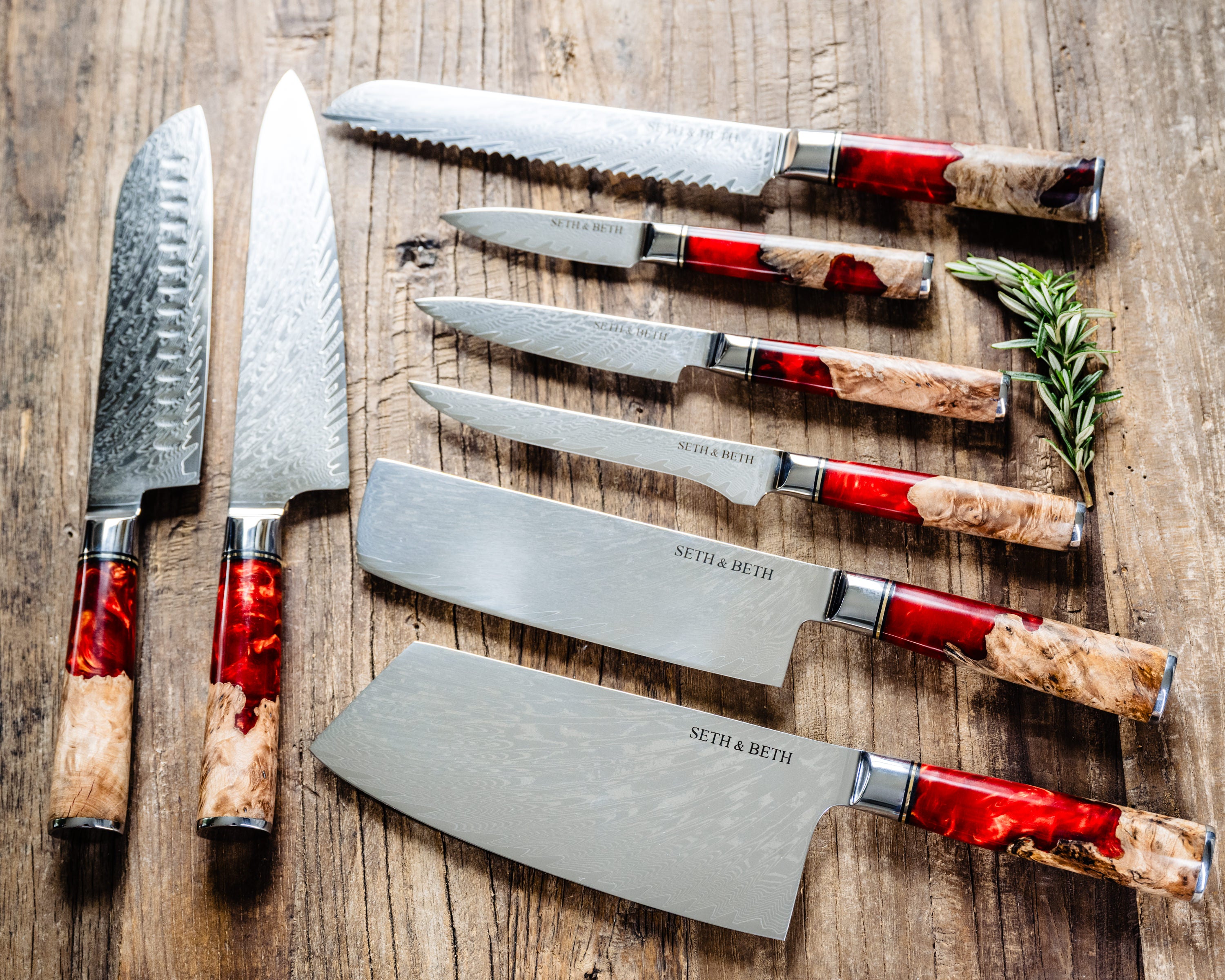 Personalized engraved Damascus knife set with red burl handle — Tidal Series