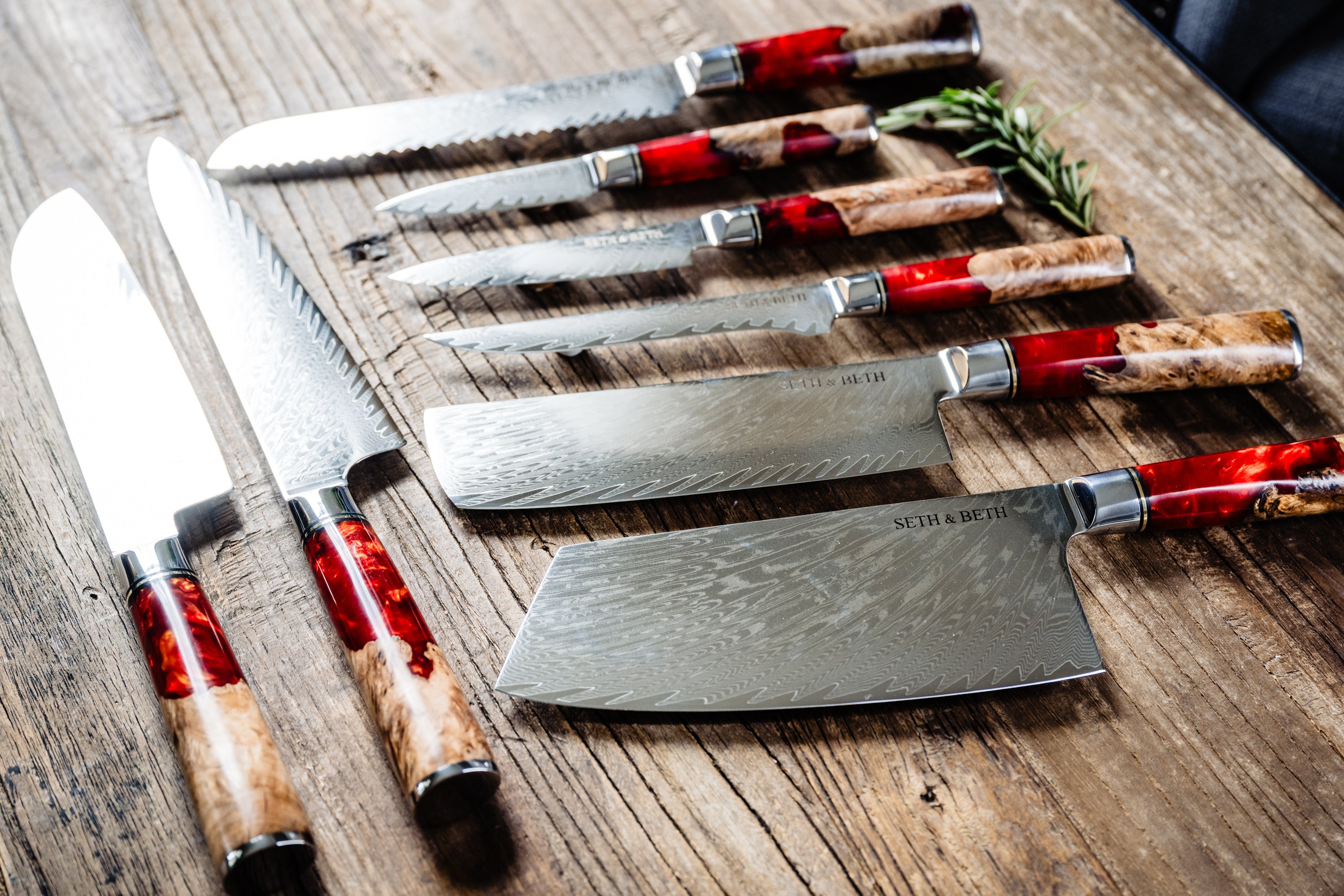 Tidal Series — Personalized Engraved Damascus Knife Set | Red Burl