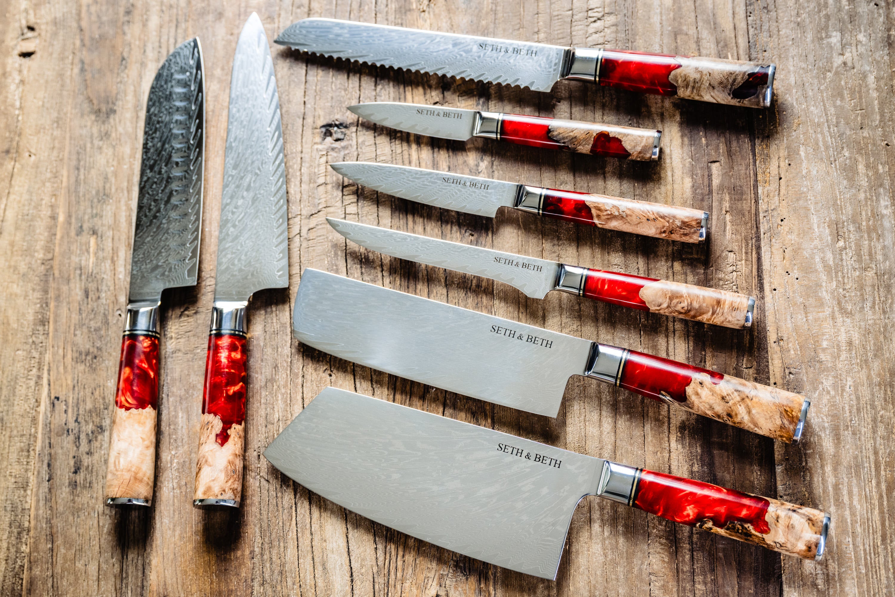 Personalized engraved Damascus knife set with red burl handle — Tidal Series by The Epicurean Chef