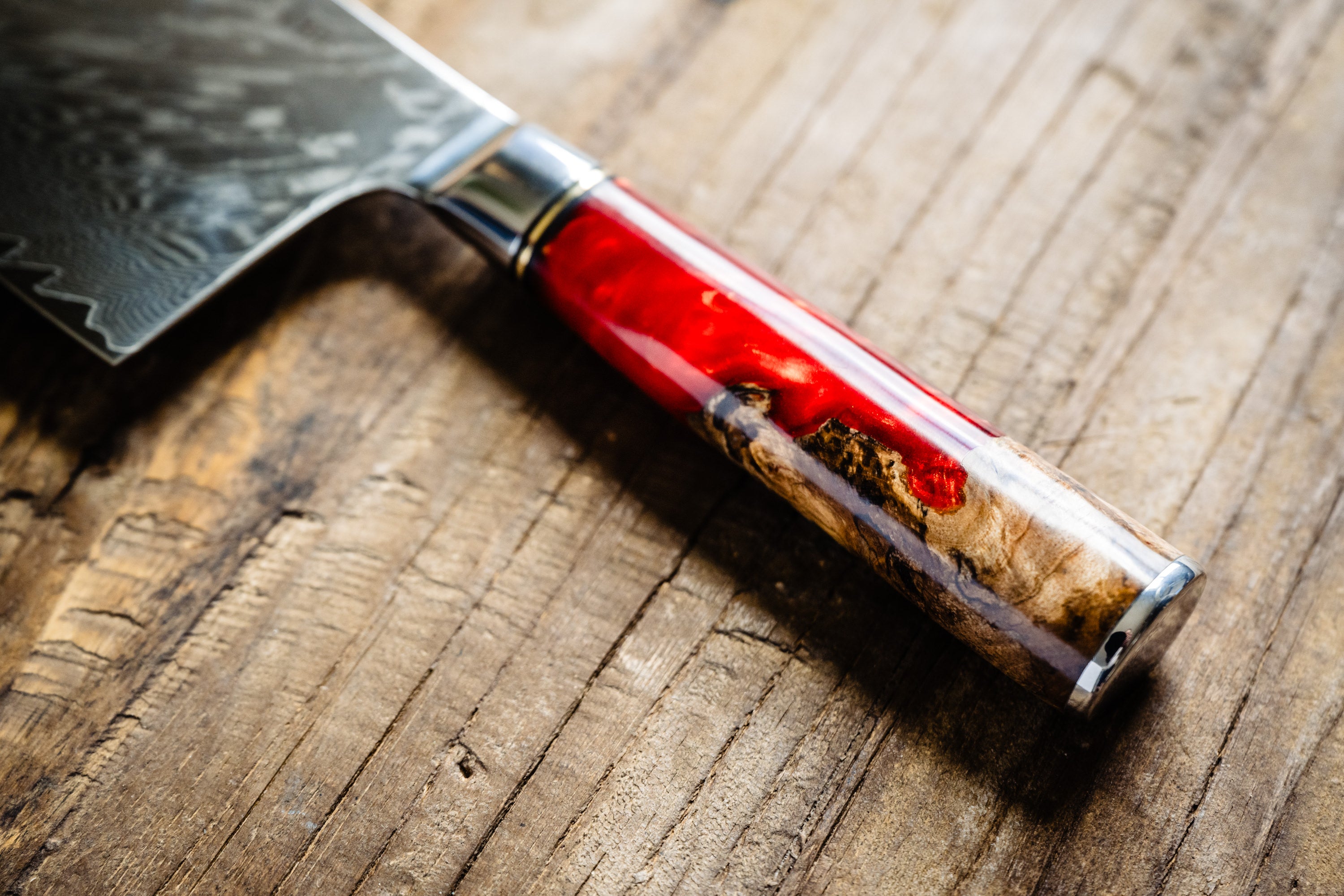Personalized engraved Damascus knife set with red burl handle — Tidal Series