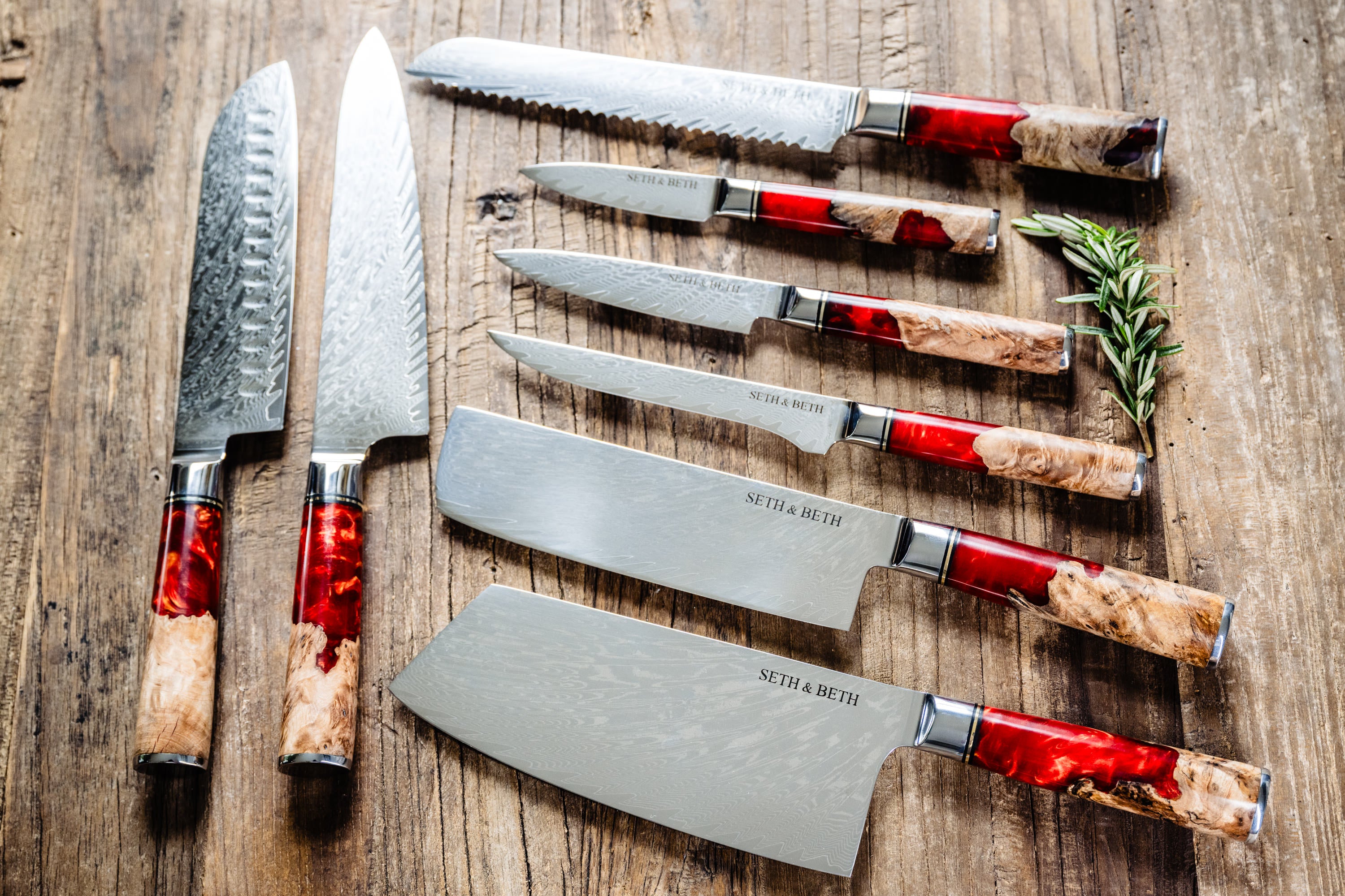 Tidal Series — Personalized Engraved Damascus Knife Set | Red Burl