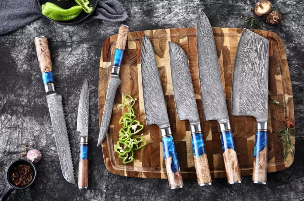 VG10 Damascus kitchen knife set with blue burl resin handle — Tidal Series
